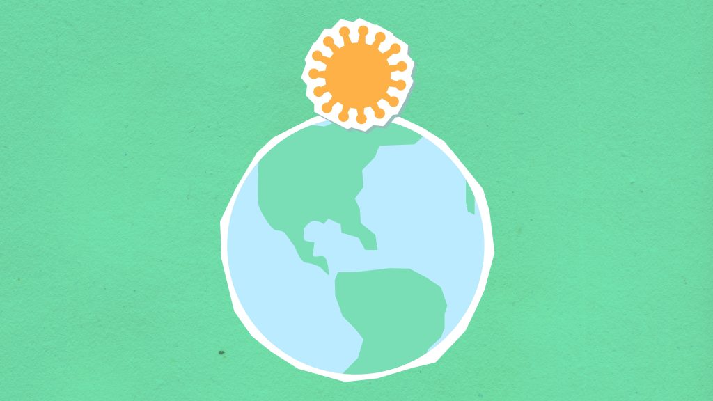 A minimalist illustration of Earth with a sun above it on a teal background.