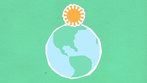 A minimalist illustration of Earth with a sun above it on a teal background.